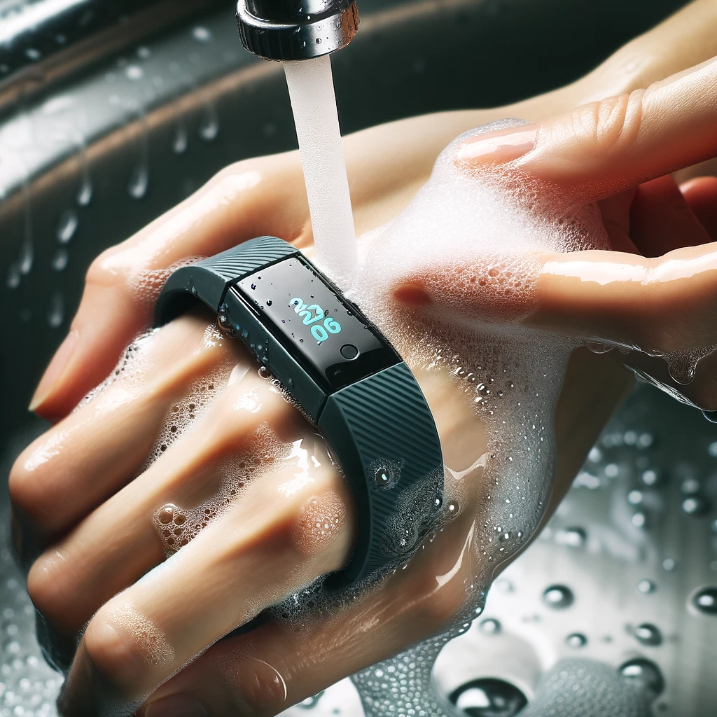 gently-washing-the-band-of-a-fitness-tracker-with-soap-and-water. The scene shows a close-up of the hand carefully cleaning the